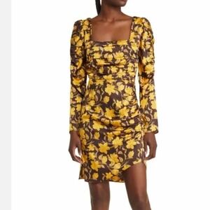 FLORET STUDIOS Floral Shirred Long Sleeve Mini Dress in Brown Yellow